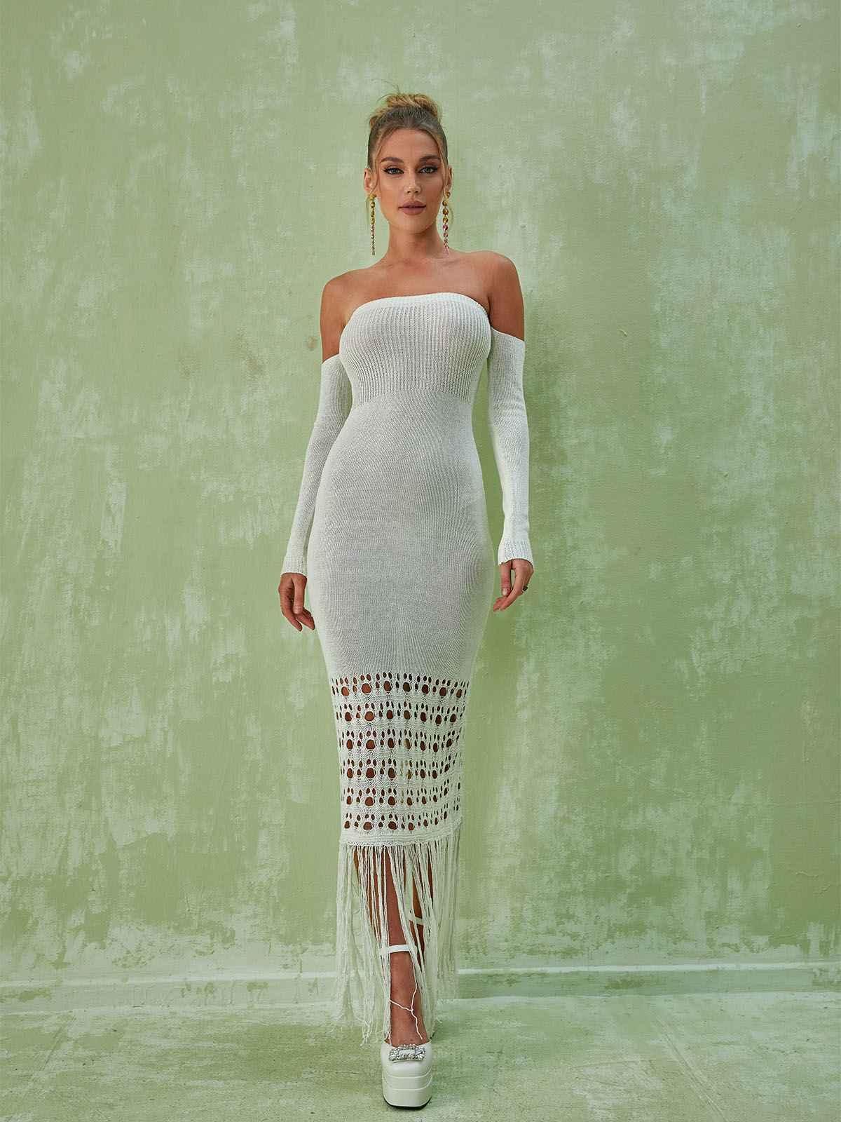 Malti Off Shoulder Fringe Maxi Dress sold by Mew Mews