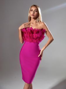 Darby Strapless Feather Bandage Dress In Hot Pink sold by Mew Mews