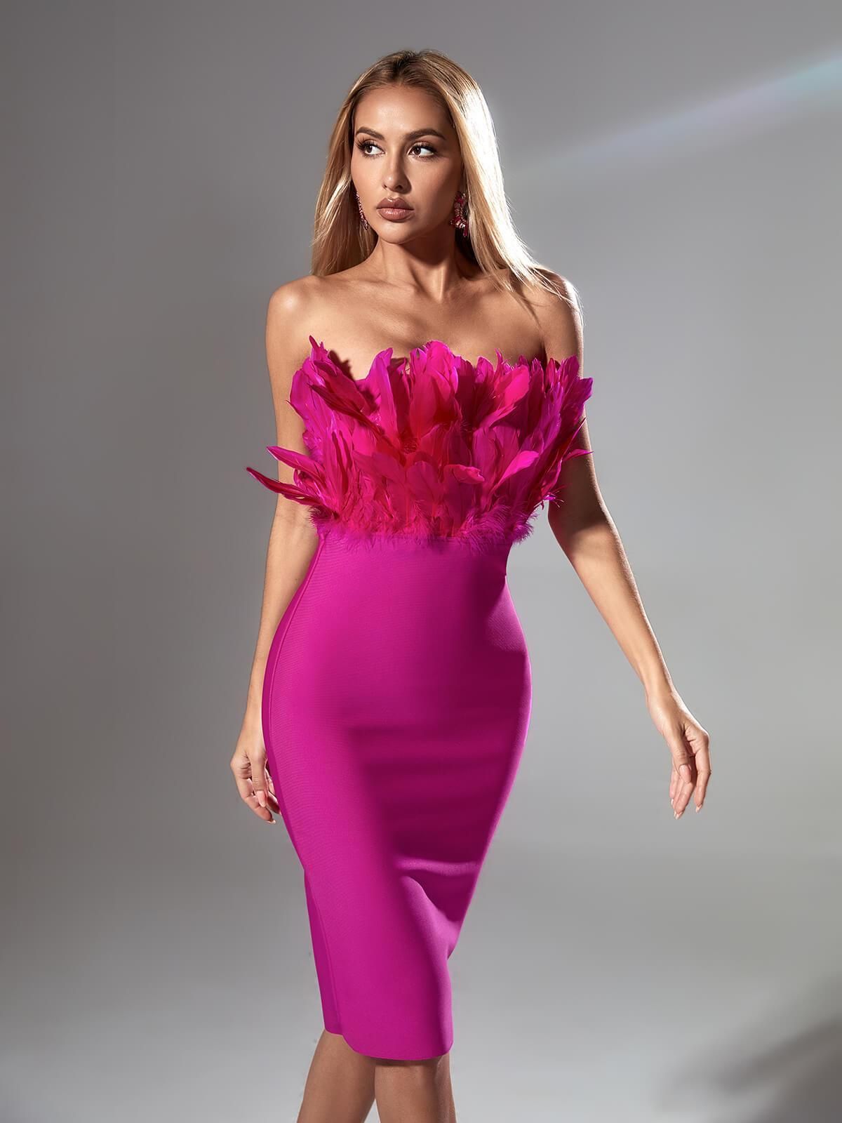 Darby Strapless Feather Bandage Dress In Hot Pink sold by Mew Mews product image thumbnail 4