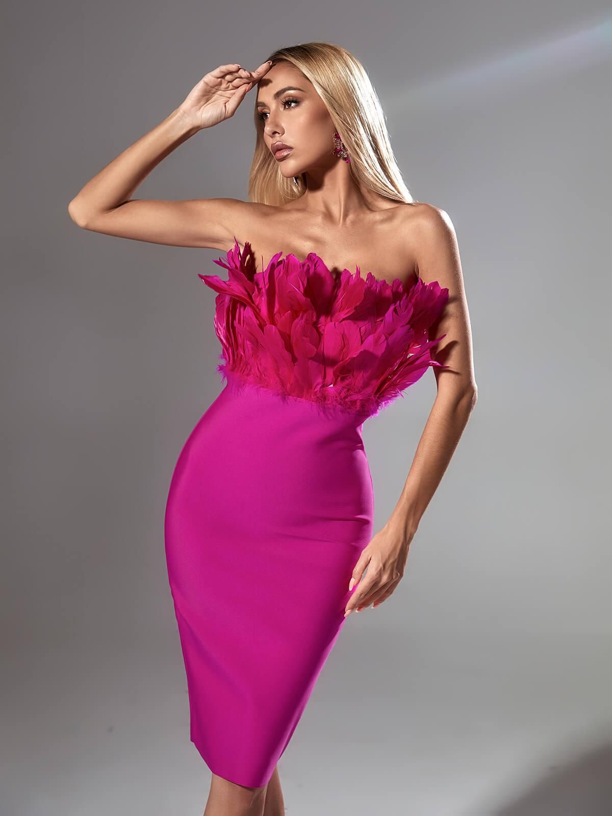 Darby Strapless Feather Bandage Dress In Hot Pink sold by Mew Mews