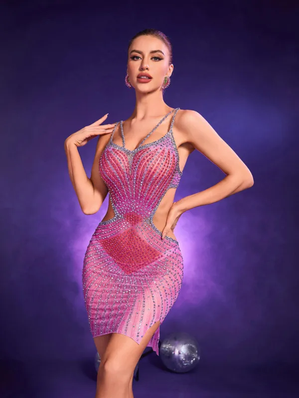 Grey Crystal Cutout Mini Dress In Hot Pink sold by Mew Mews