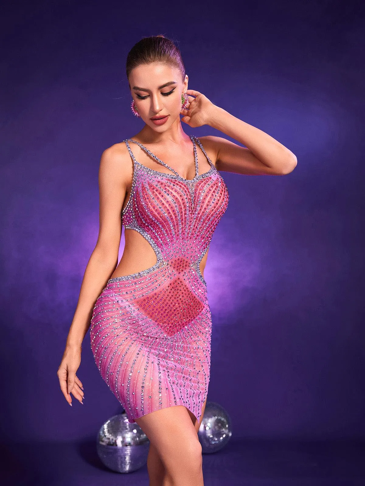 Grey Crystal Cutout Mini Dress In Hot Pink sold by Mew Mews product image thumbnail 4