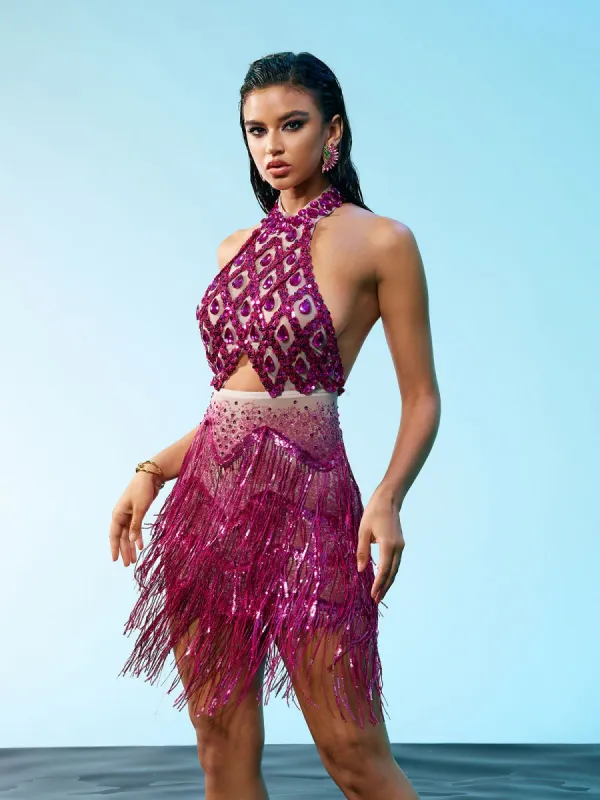 Mika Halterneck Rhinestone Fringe Dress sold by Mew Mews