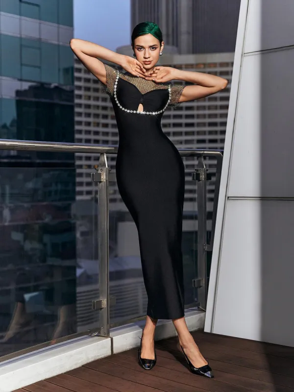 Rainey Crystal Mesh Bandage Midi Dress sold by Mew Mews