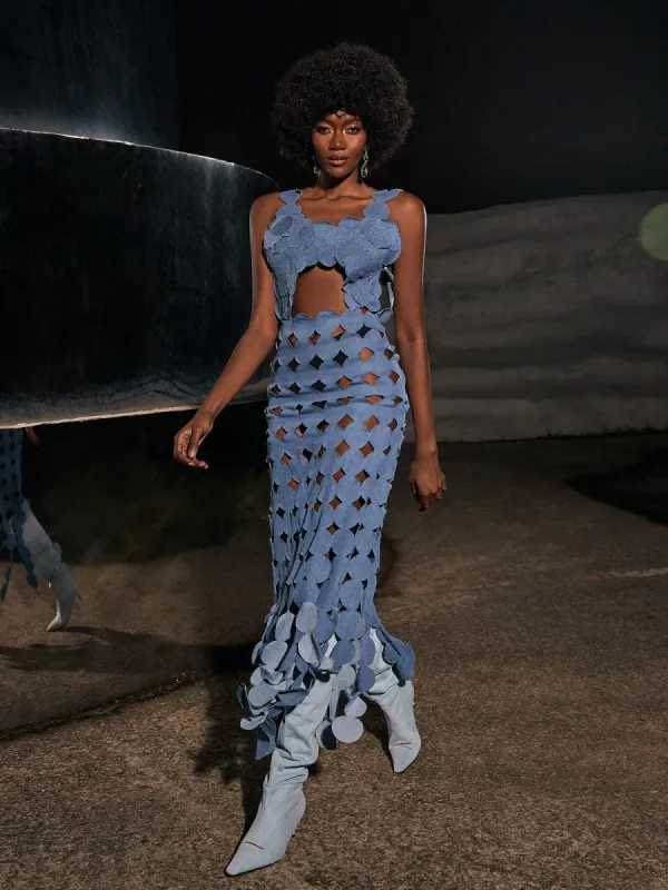 Nyx Circle Cutout Fringe Denim Maxi Dress sold by Mew Mews