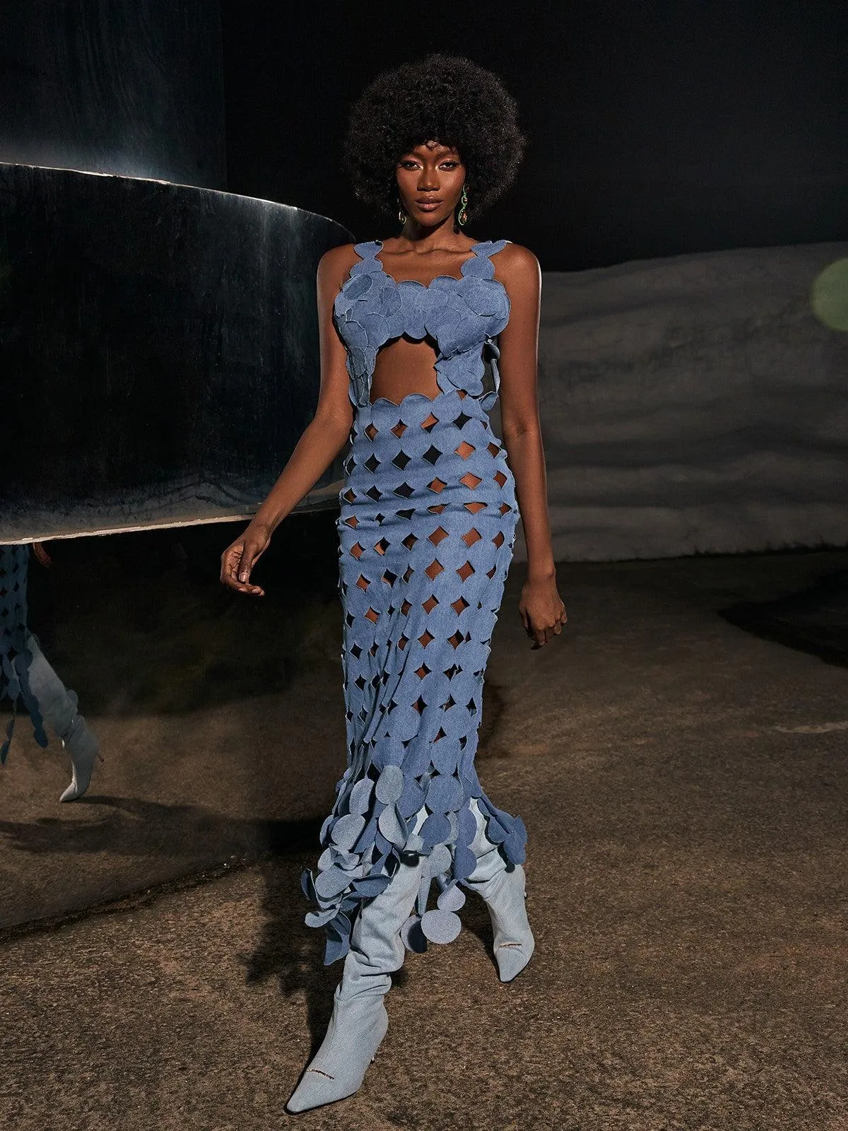 Nyx Circle Cutout Fringe Denim Maxi Dress sold by Mew Mews