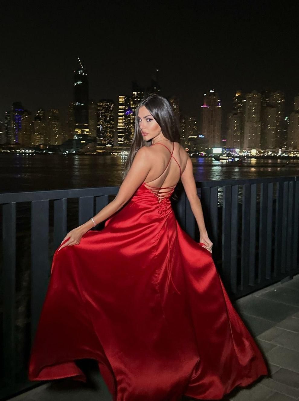 Jezebel Satin Plunge Split Maxi Dress sold by Mew Mews