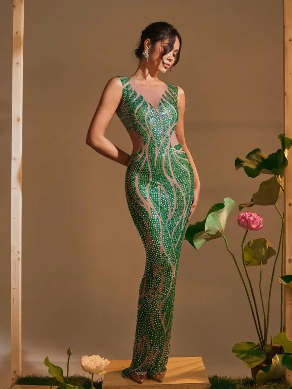 Anabia Round Neck Printed Rhinestone Maxi Dress sold by Mew Mews
