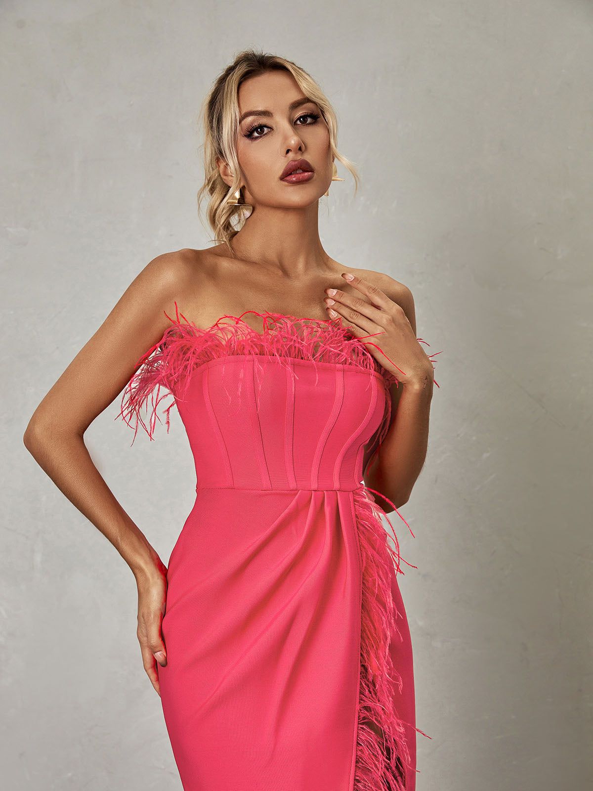 Iyra Strapless Feather Bandage Dress In Hot Pink sold by Mew Mews product image thumbnail 3