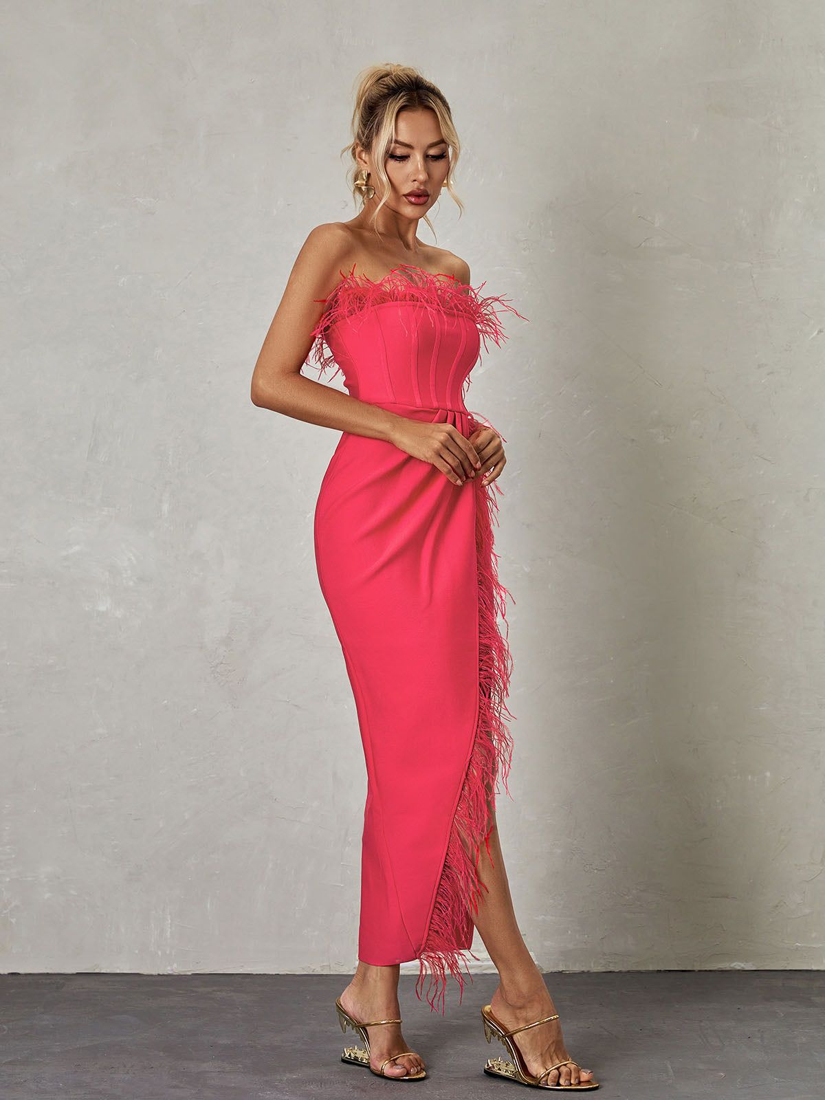 Iyra Strapless Feather Bandage Dress In Hot Pink sold by Mew Mews product image thumbnail 6