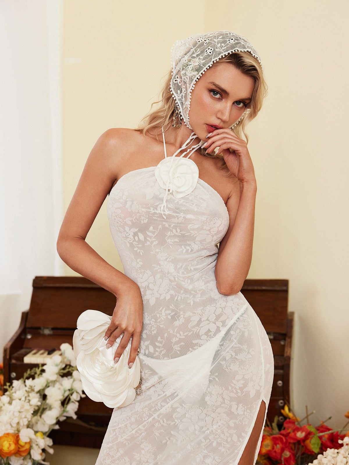 Lorcan Halterneck Flower Midi Dress sold by Mew Mews product image thumbnail 2