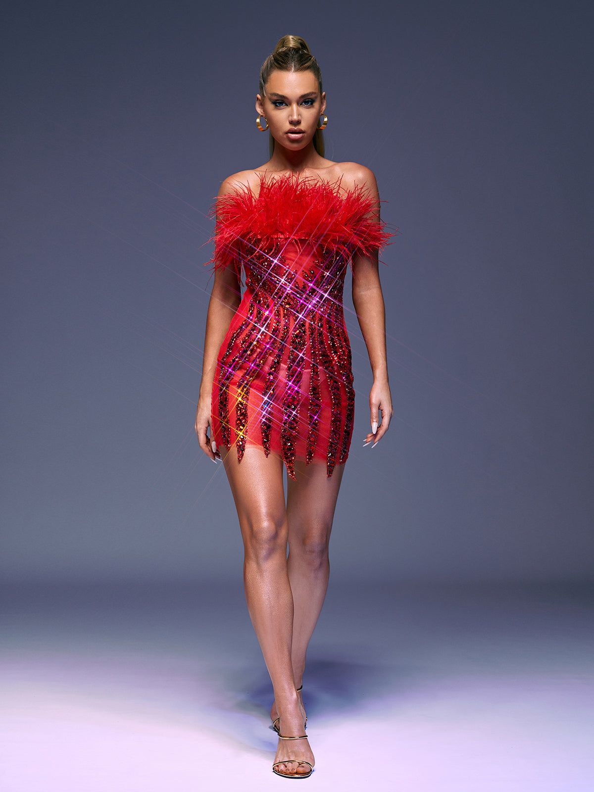 Tanaia Strapless Mesh Feather Bandage Dress In Red sold by Mew Mews product image thumbnail 3