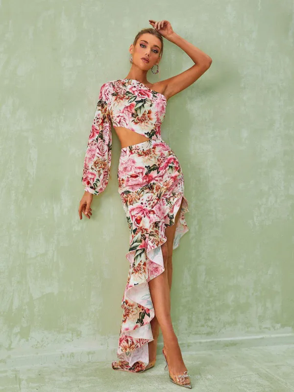 Aiyana One Shoulder Floral Maxi Dress In Pink sold by Mew Mews