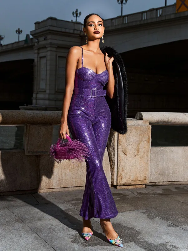 Davian Spaghetti Sequin Belted Jumpsuit In Purple sold by Mew Mews
