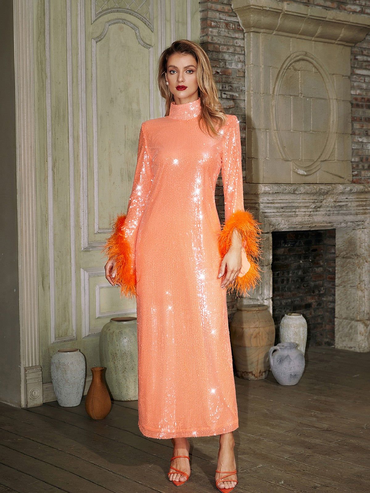 Ceridwen Long Sleeve Feather Sequin Maxi Dress In Orange sold by Mew Mews product image thumbnail 5