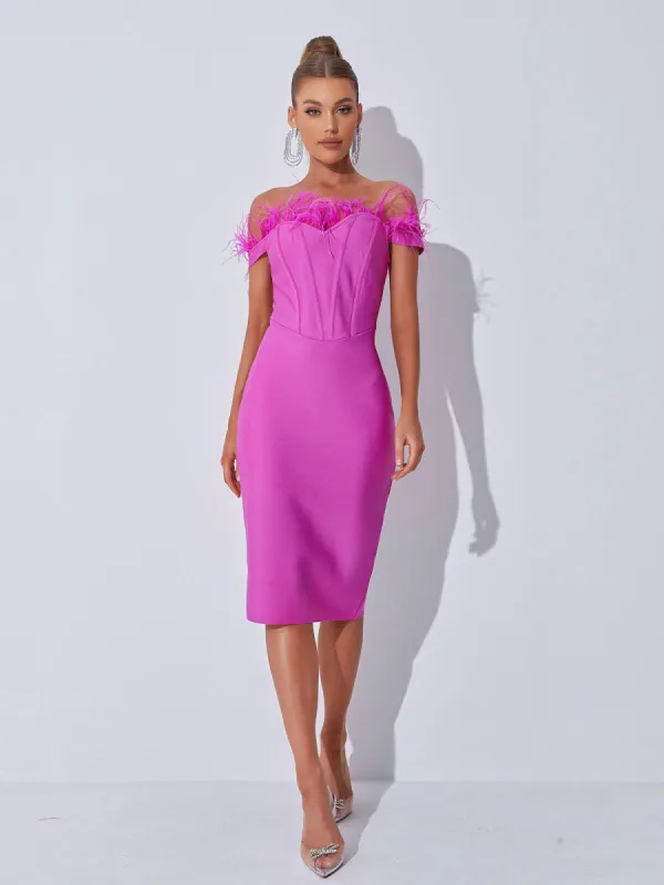 Aeliana Off Shoulder Feather Corset Bandage Dress sold by Mew Mews