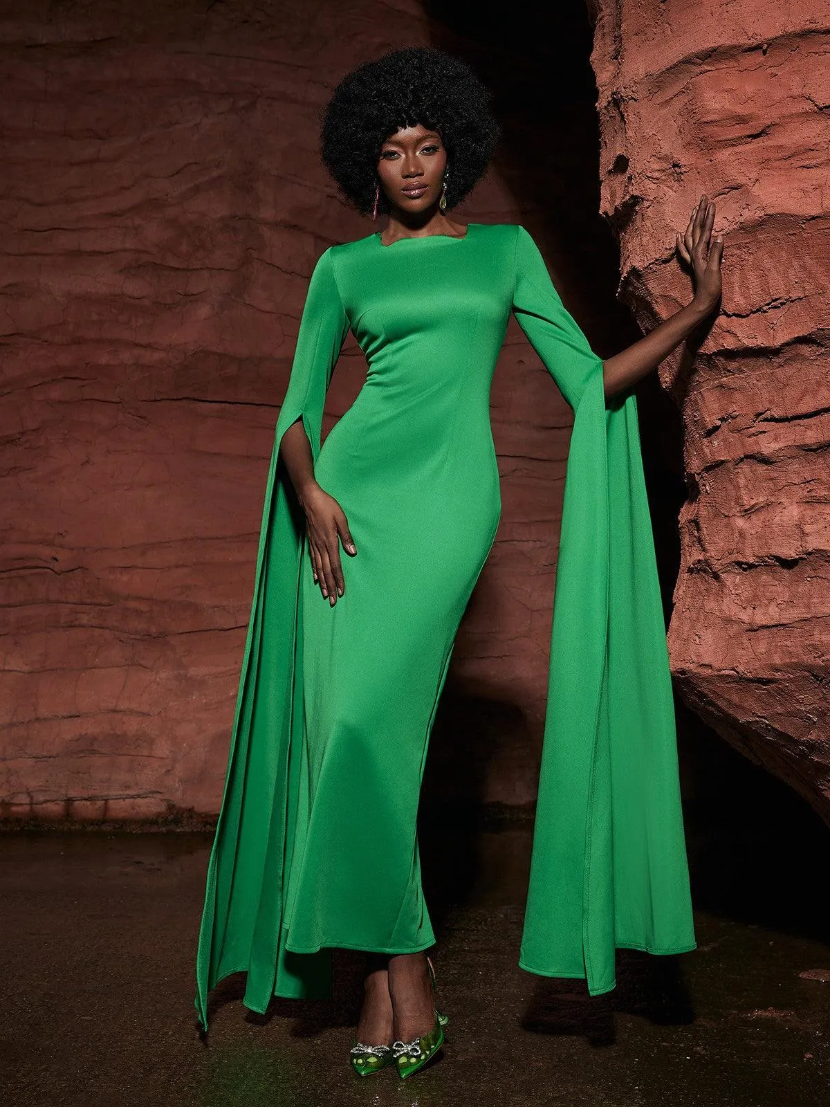 Gertie Long Sleeve Cutout Maxi Dress In Green sold by Mew Mews