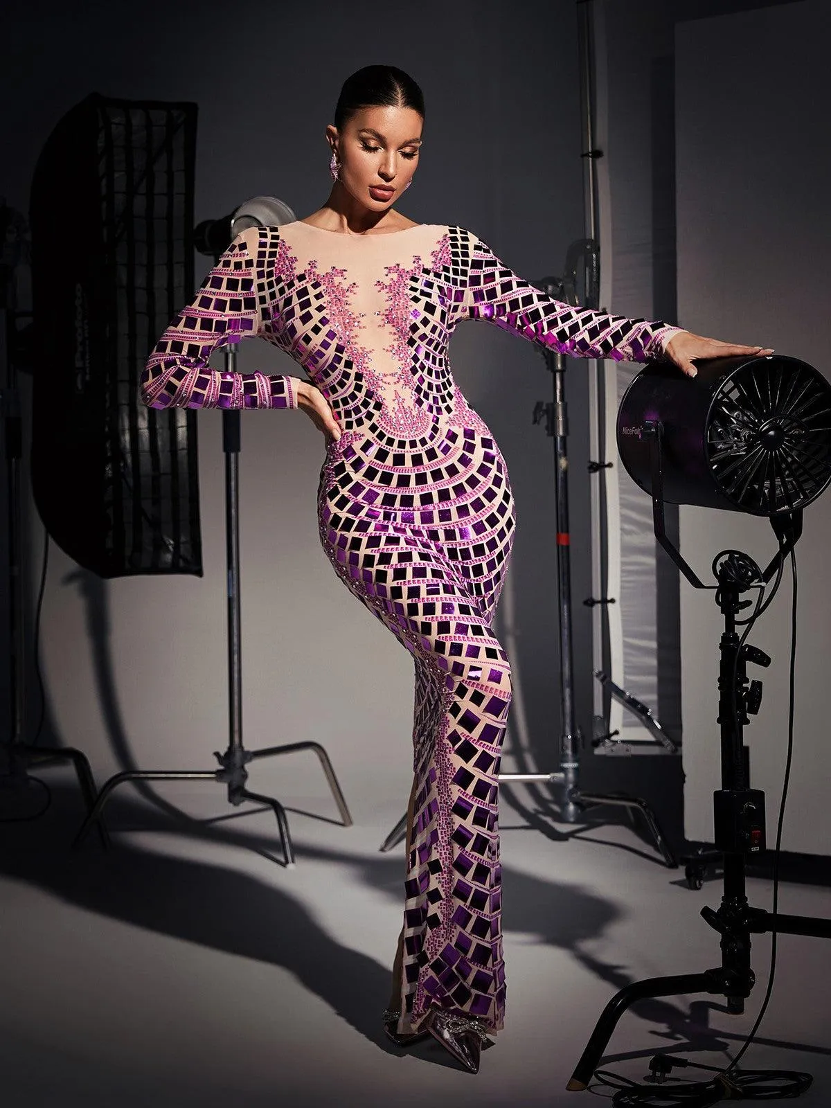 Angie Long Sleeve Curve Embellished Maxi Dress sold by Mew Mews