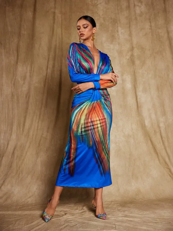 Suzanne V Neck Printed Satin Midi Dress made by Mew Mews