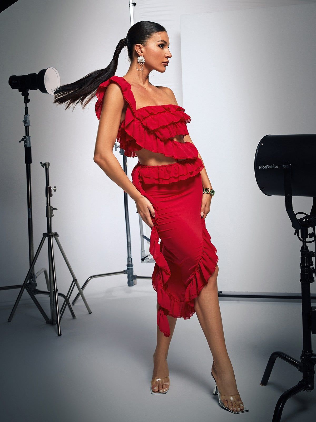 Catalina One Shoulder Ruffle Asymmetric Midi Dress sold by Mew Mews product image thumbnail 4