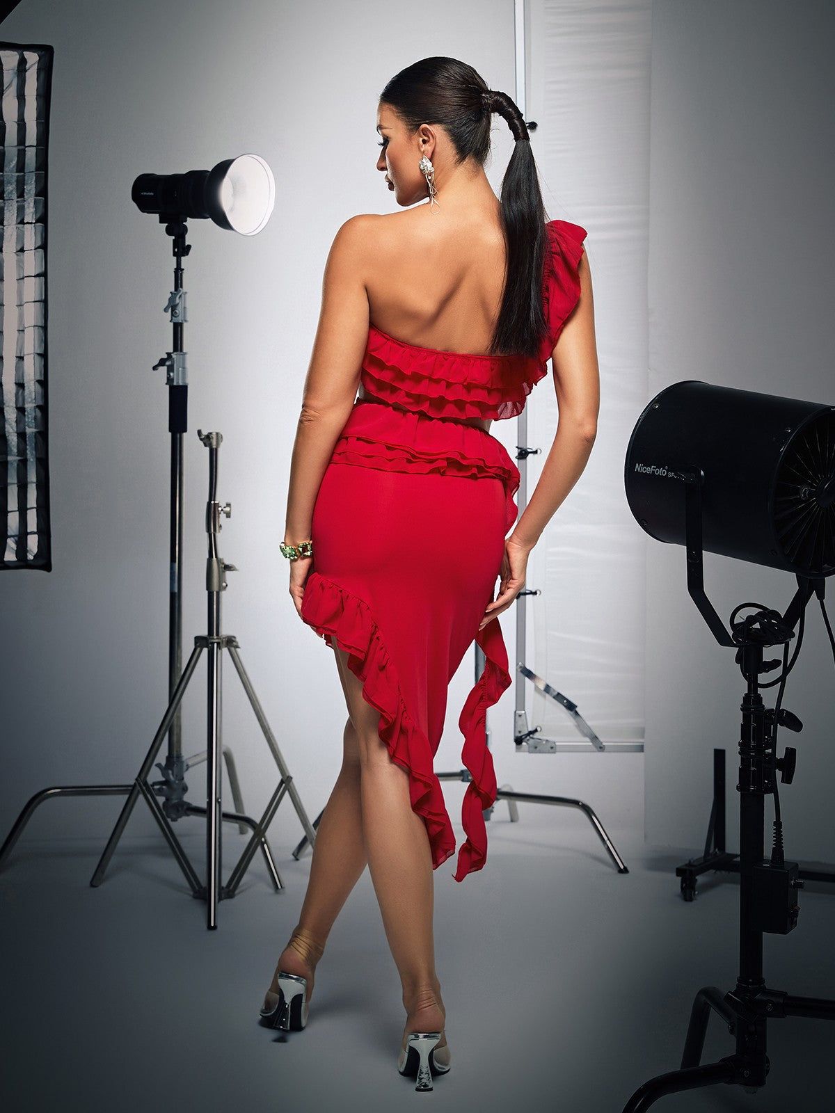 Catalina One Shoulder Ruffle Asymmetric Midi Dress sold by Mew Mews product image thumbnail 5