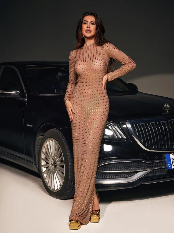 Karter Diamond Mesh Maxi Dress In Gold sold by Mew Mews