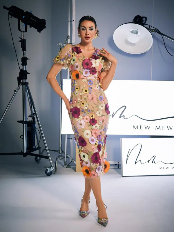 Grayson Flower Embroidered Midi Dress In Apricot sold by Mew Mews
