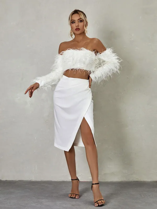 Libbi Long Sleeve Feather Skirt Set sold by Mew Mews
