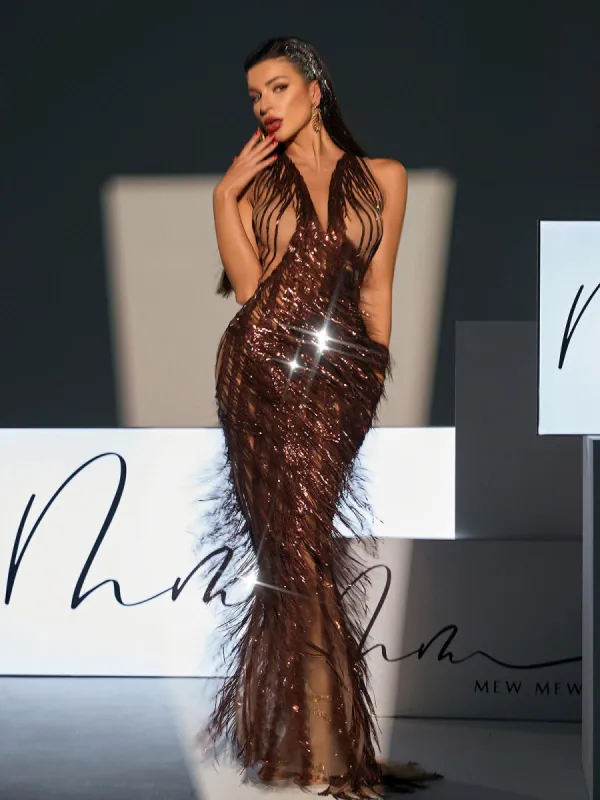 Keir Sleeveless Sequin Fringe Mesh Maxi Dress sold by Mew Mews