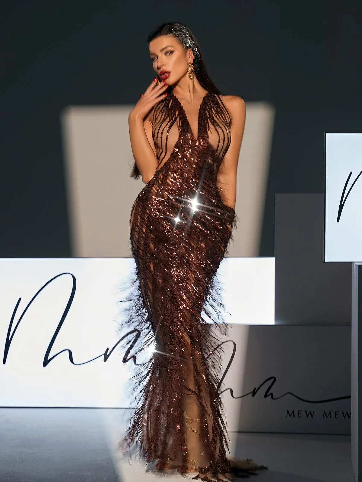 Keir Sleeveless Sequin Fringe Mesh Maxi Dress sold by Mew Mews