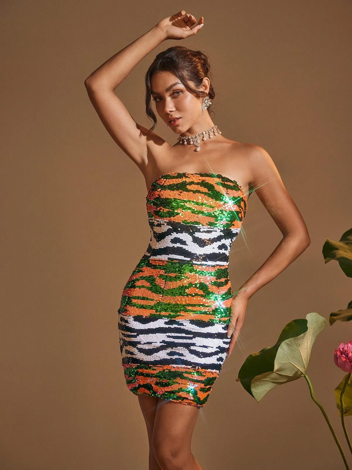 Alora Strapless Print Sequin Mini Dress sold by Mew Mews product image thumbnail 4