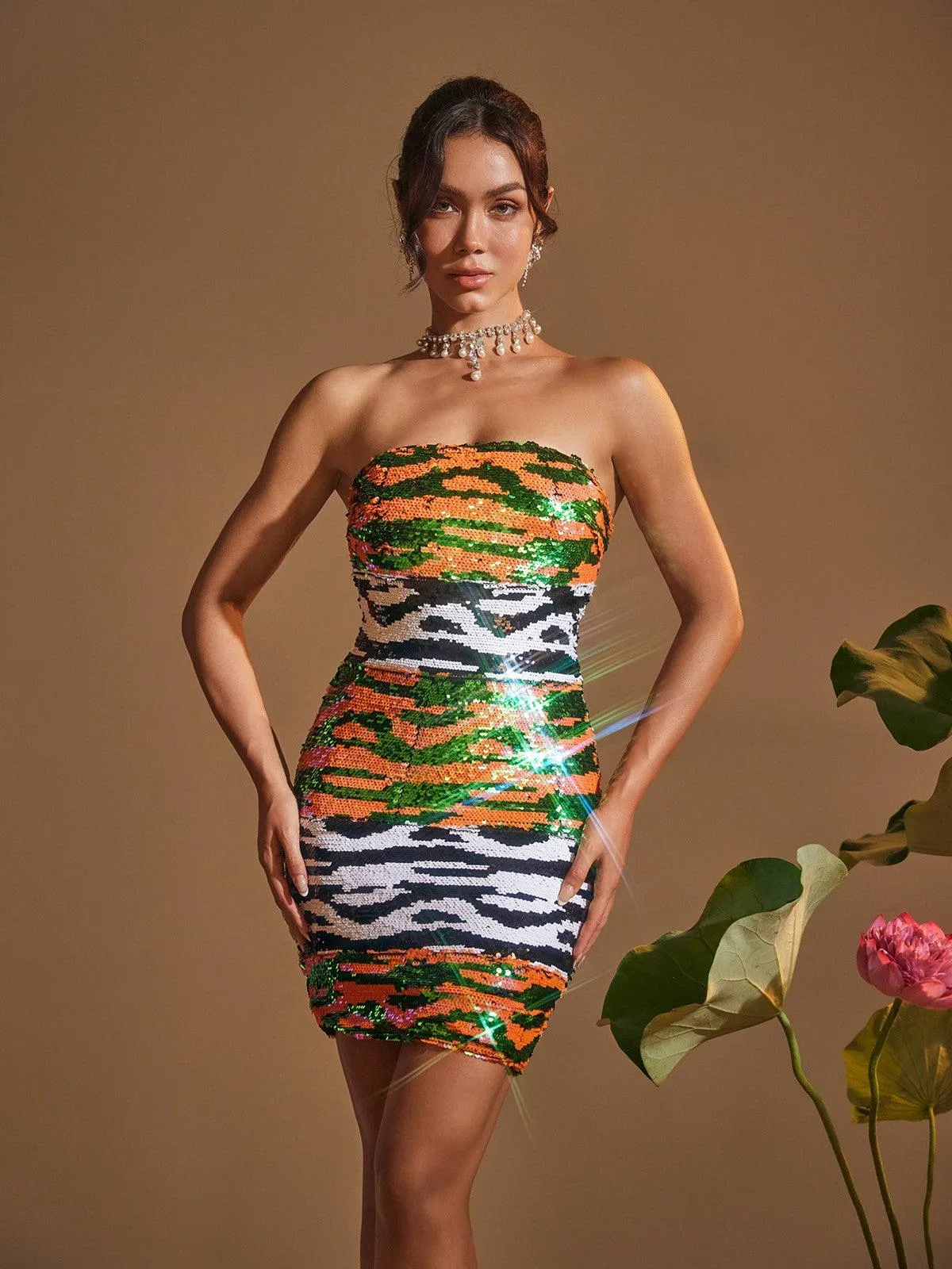 Alora Strapless Print Sequin Mini Dress sold by Mew Mews product image thumbnail 2