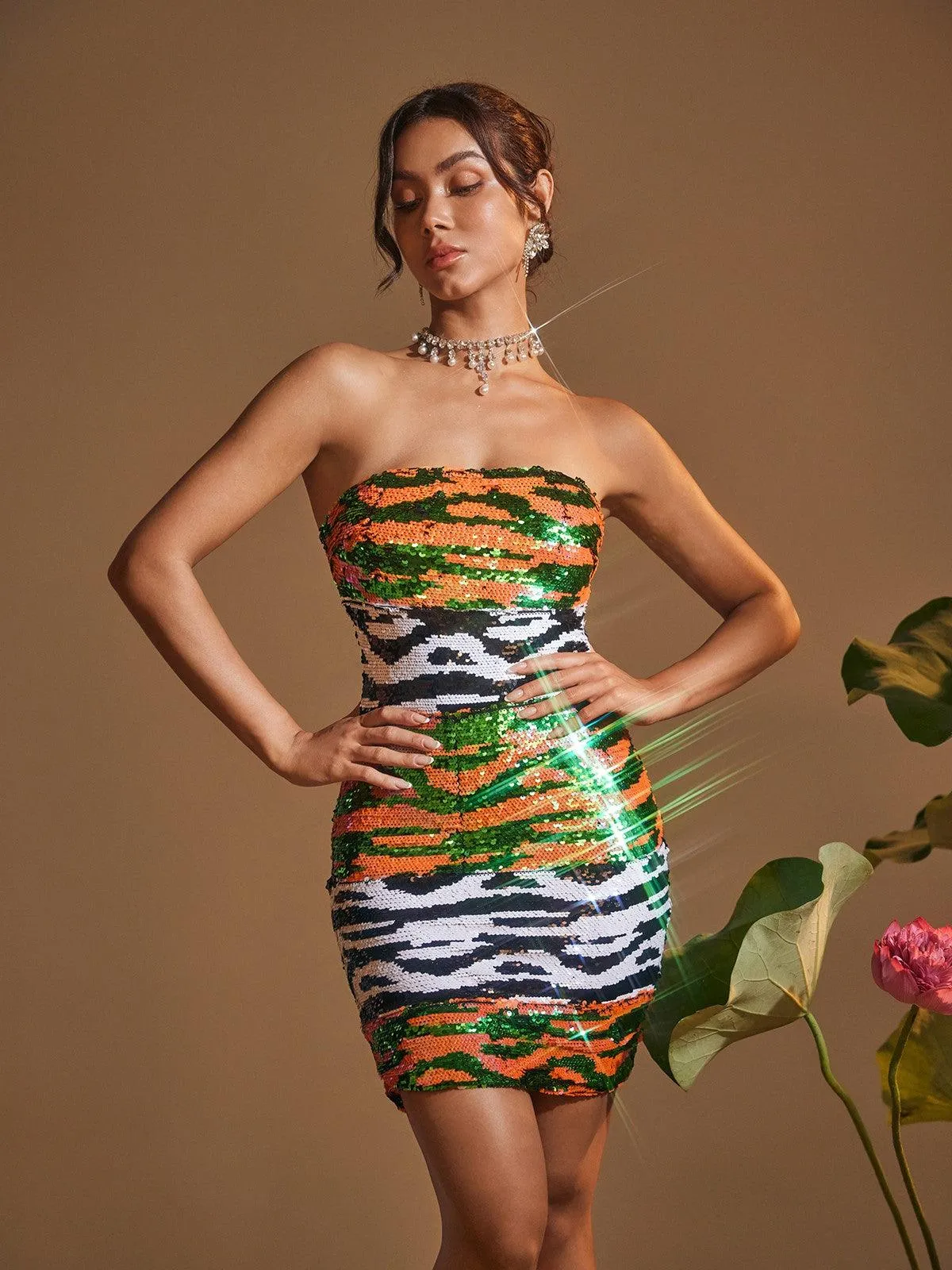 Alora Strapless Print Sequin Mini Dress sold by Mew Mews product image thumbnail 3