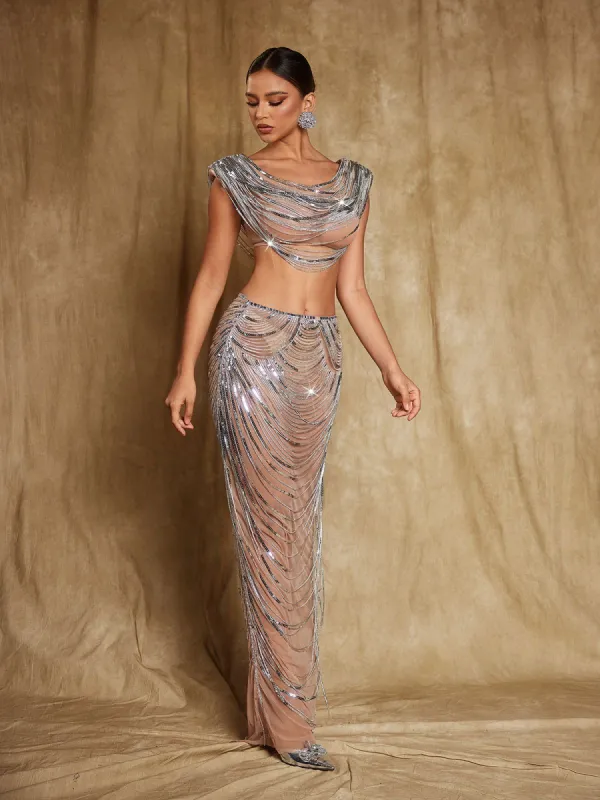 Mirri Crystal Chain Wrapped Mesh Skirt Set sold by Mew Mews