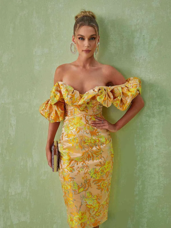Kore Off Shoulder Jacquard Midi Dress made by Mew Mews