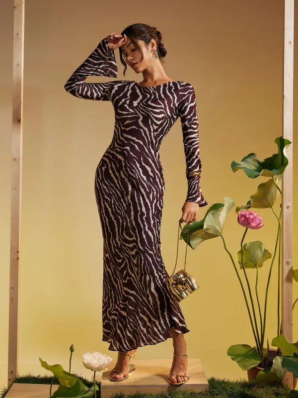 Cecily Long Sleeve Tiger Printed Maxi Dress sold by Mew Mews