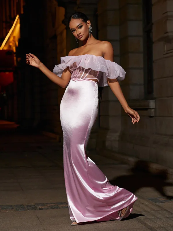 Garnet Off Shoulder Corset Satin Skirt Set sold by Mew Mews