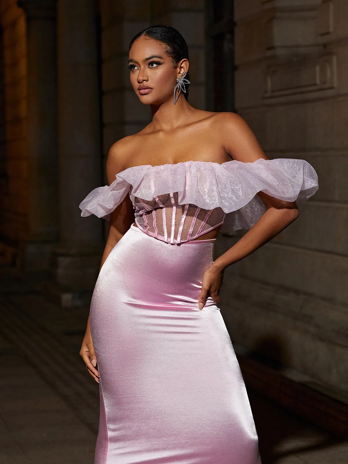 Garnet Off Shoulder Corset Satin Skirt Set sold by Mew Mews product image thumbnail 4