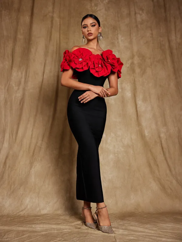 Creed Off Shoulder Flower Bandage Dress In Red sold by Mew Mews