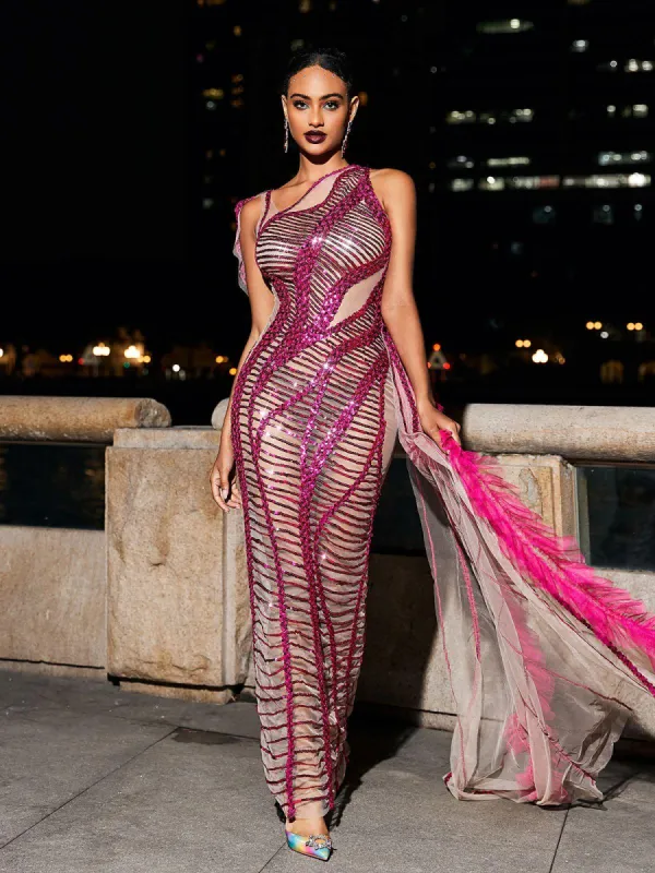 Lyda Draped Cutout Sequin Mesh Dress In Hot Pink sold by Mew Mews