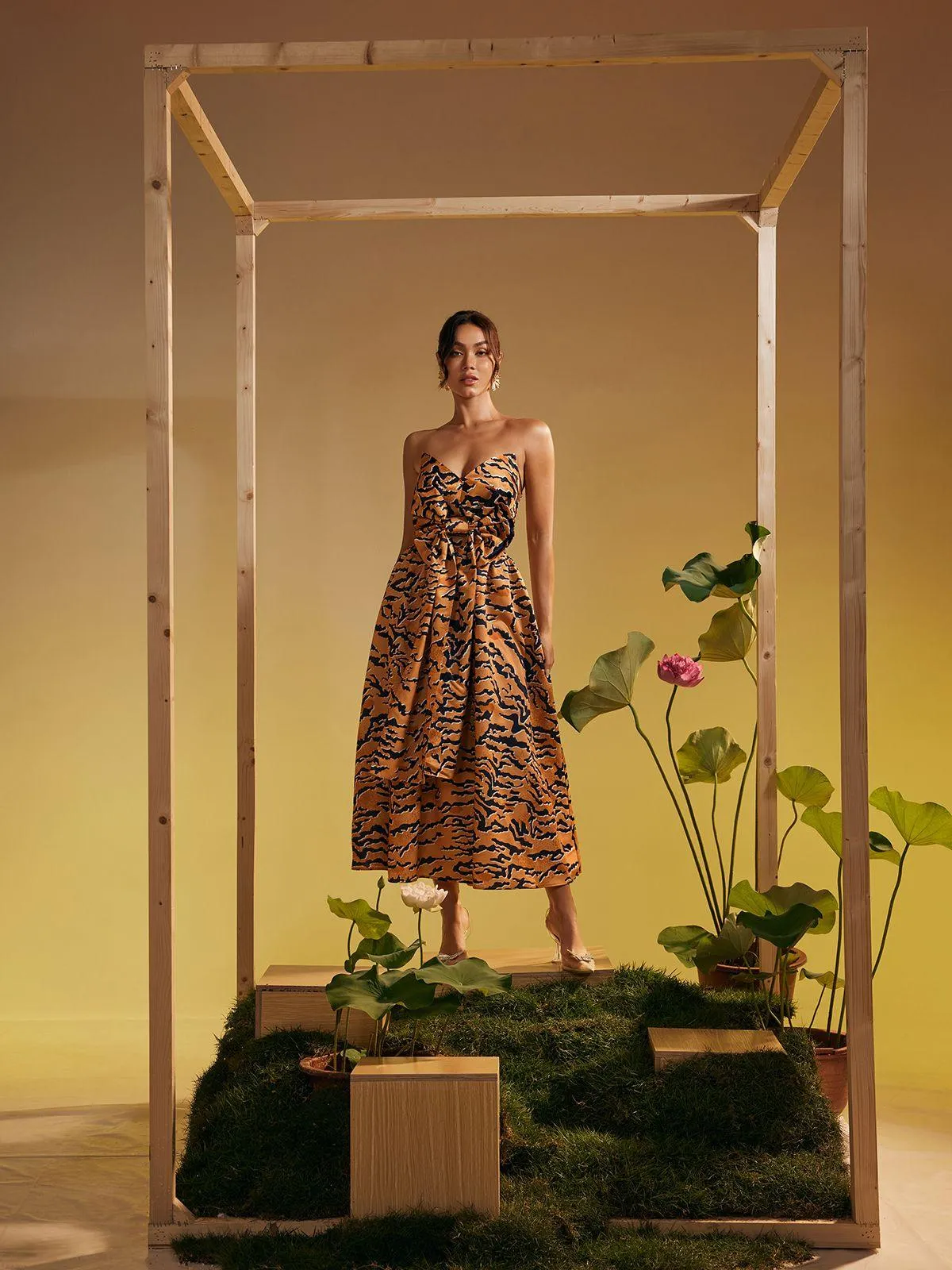 Marley Strapless Tiger Printed Bow Midi Dress sold by Mew Mews product image thumbnail 5