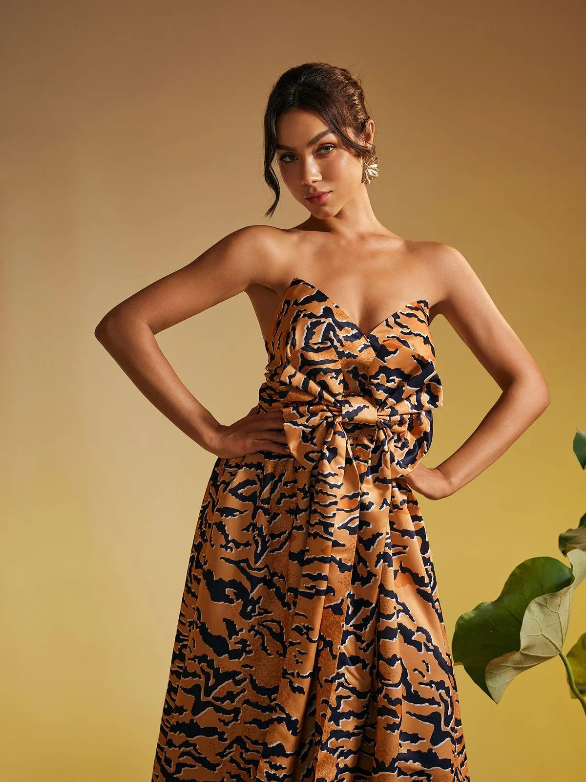 Marley Strapless Tiger Printed Bow Midi Dress sold by Mew Mews product image thumbnail 2