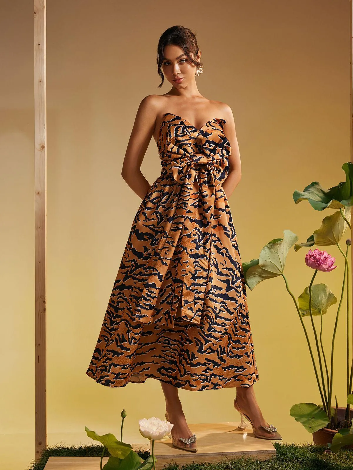 Marley Strapless Tiger Printed Bow Midi Dress sold by Mew Mews product image thumbnail 3