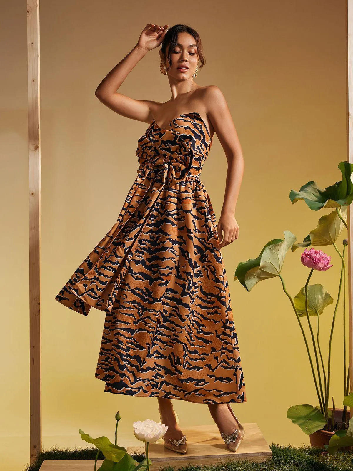 Marley Strapless Tiger Printed Bow Midi Dress sold by Mew Mews product image thumbnail 4