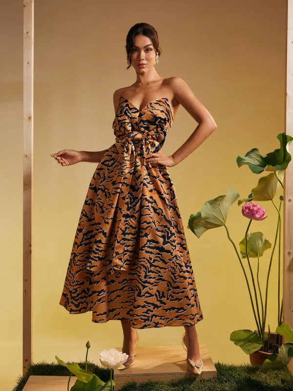 Marley Strapless Tiger Printed Bow Midi Dress made by Mew Mews