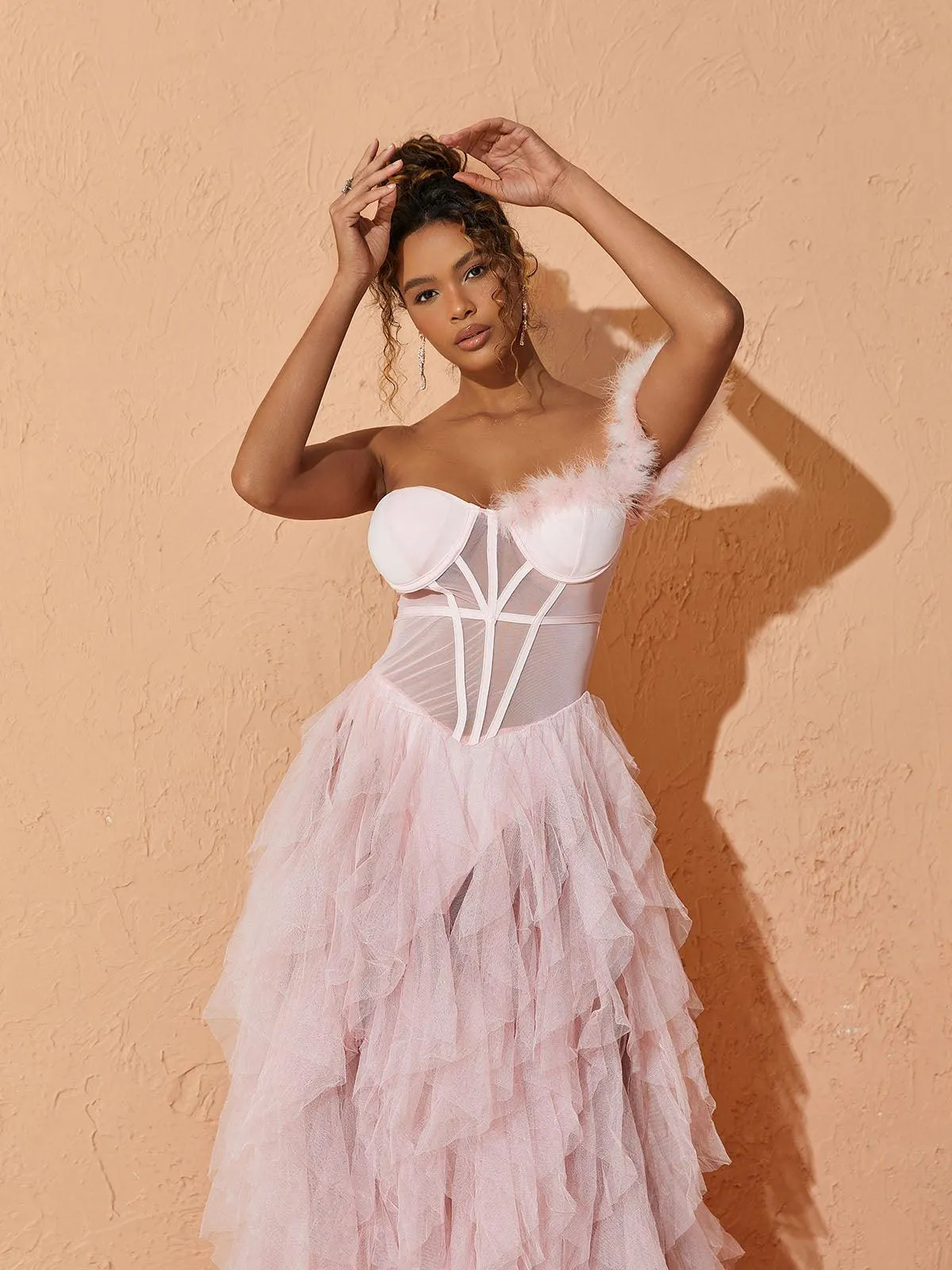 Titania One Shoulder Tulle Maxi Dress In Blush sold by Mew Mews product image thumbnail 4