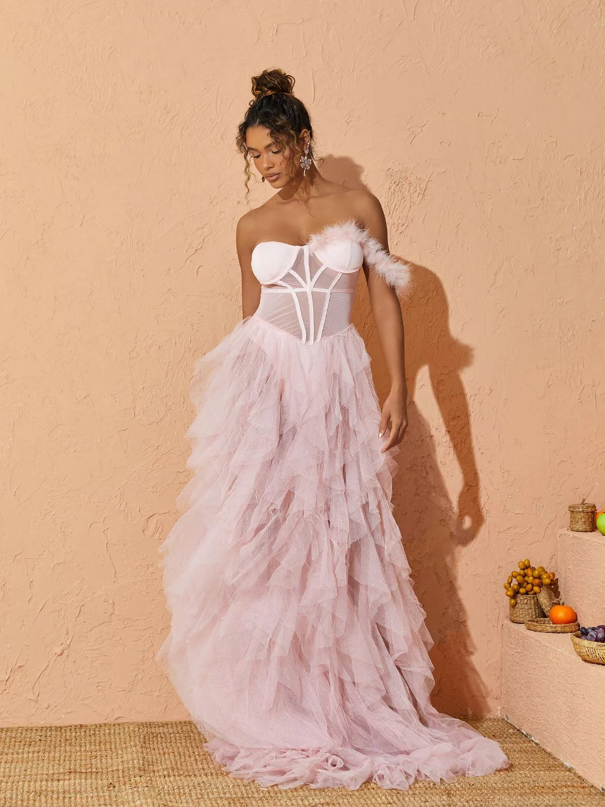 Titania One Shoulder Tulle Maxi Dress In Blush sold by Mew Mews product image thumbnail 2