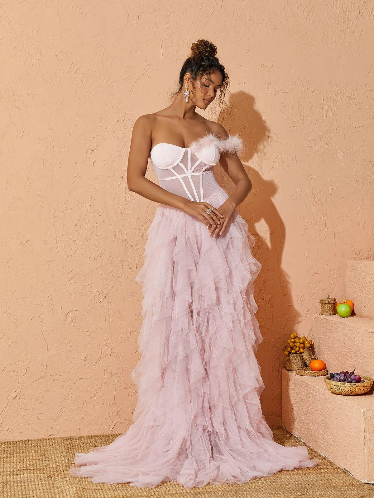 Titania One Shoulder Tulle Maxi Dress In Blush sold by Mew Mews product image thumbnail 3