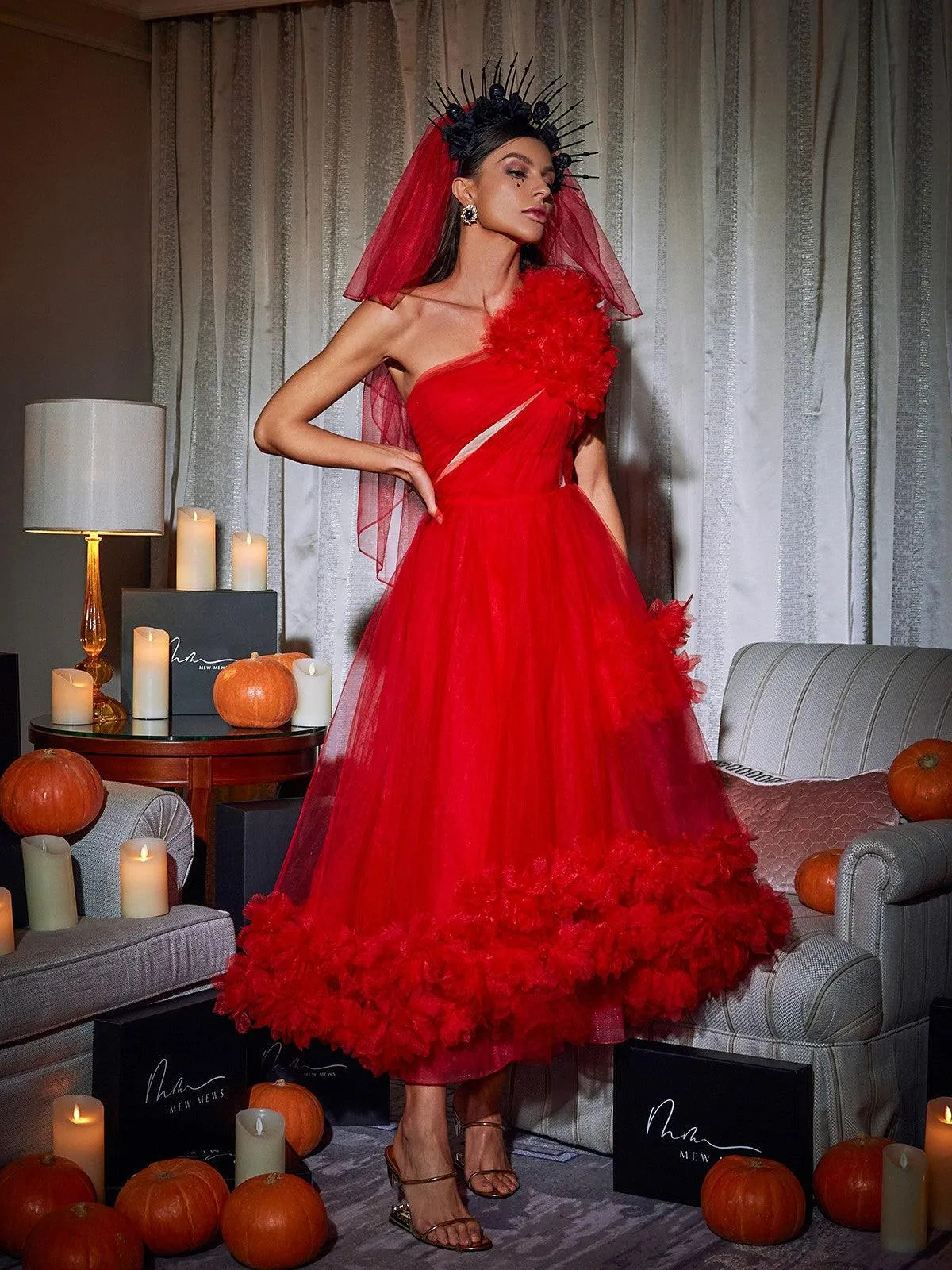 Ghslaine One Shoulder Tulle Midi Dress sold by Mew Mews product image thumbnail 2