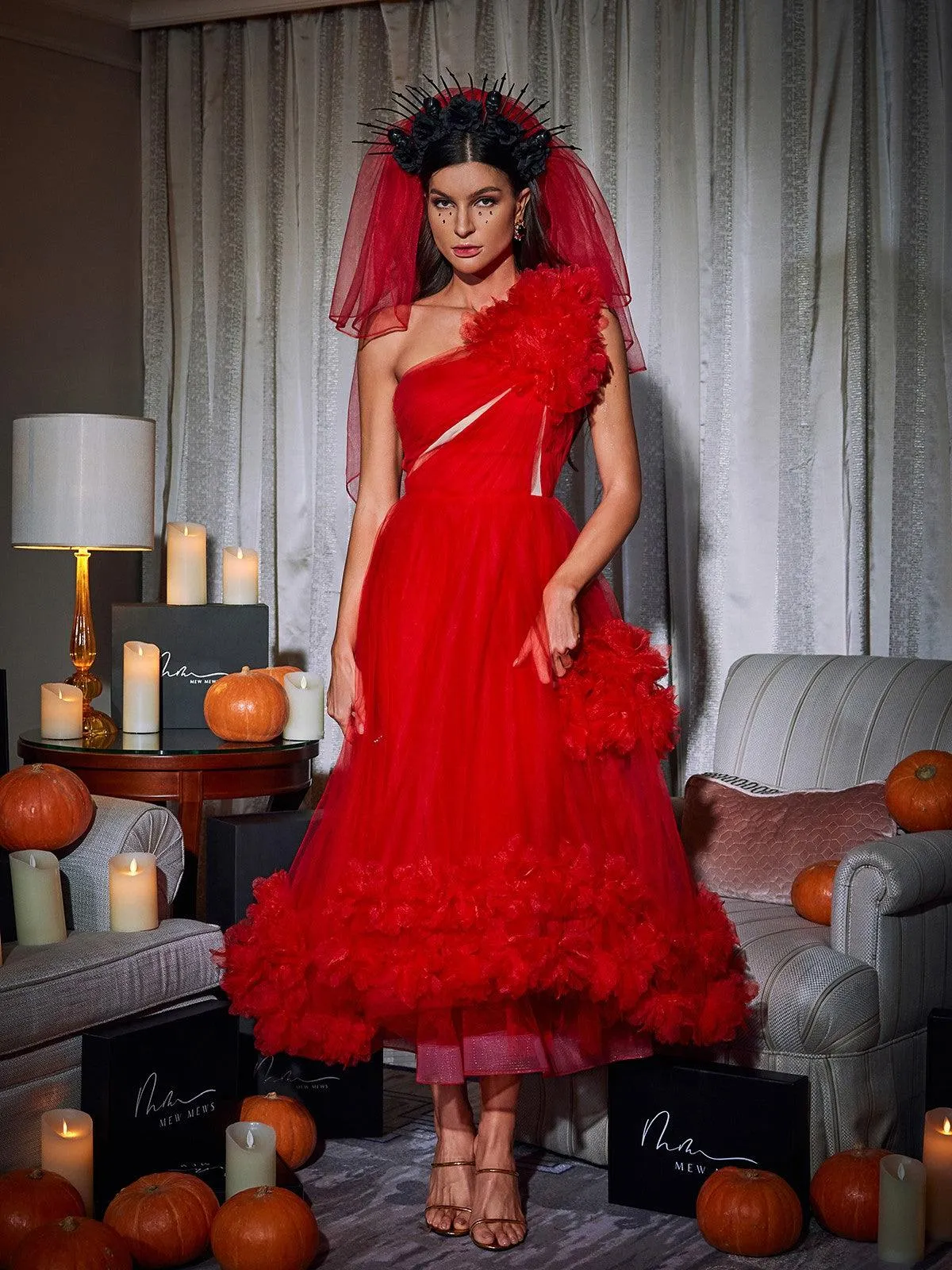 Ghslaine One Shoulder Tulle Midi Dress sold by Mew Mews product image thumbnail 4